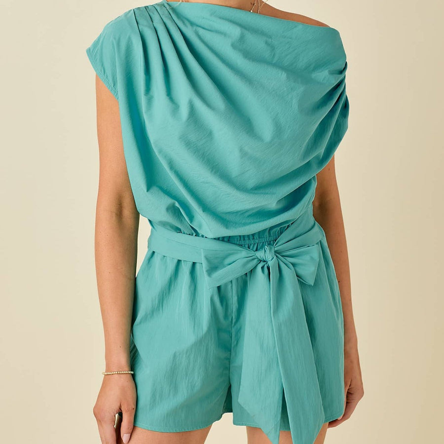 Aqua Draped Shoulder Romper - Mercantile213