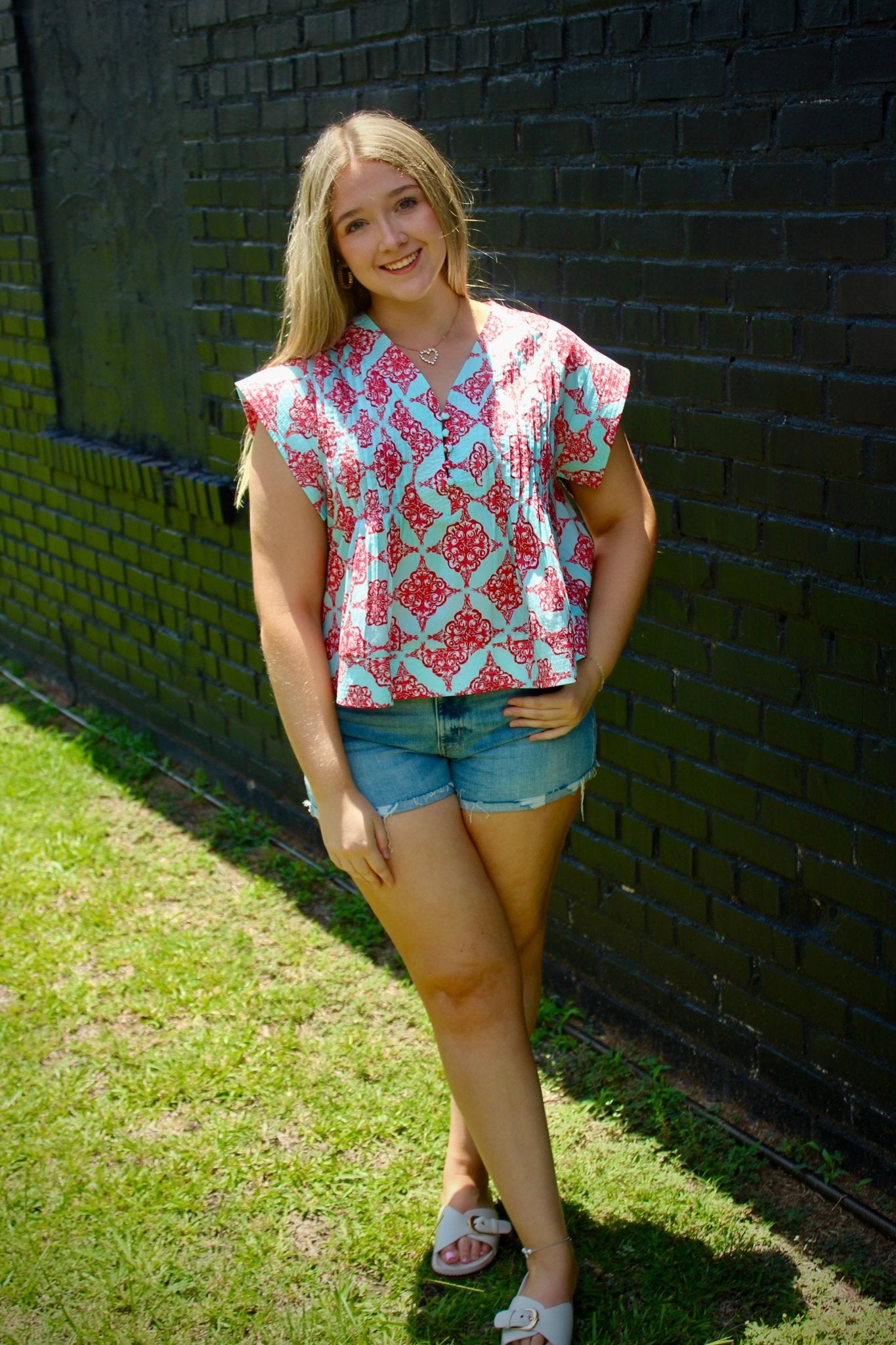 Aqua & Red Printed Top - Mercantile213