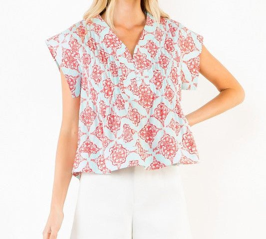 Aqua & Red Printed Top - Mercantile213