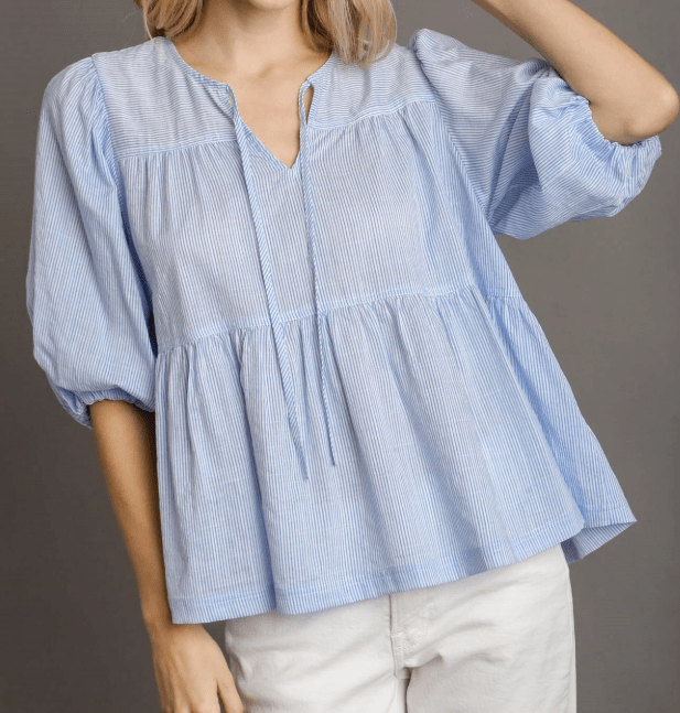 Baby Doll Split Neck Tie Top - Lt Blue - Mercantile213