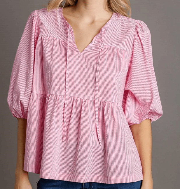 Baby Doll Split Neck Tie Top - Raspberry - Mercantile213