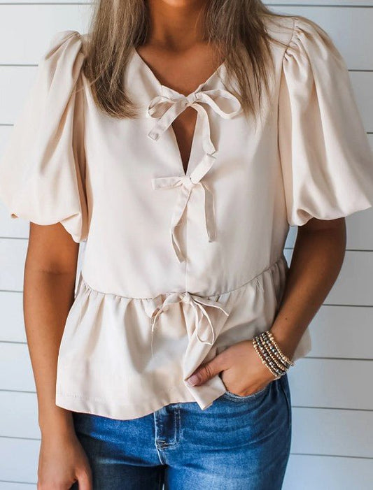 Beige Bow Tie Peplum Top - Mercantile213