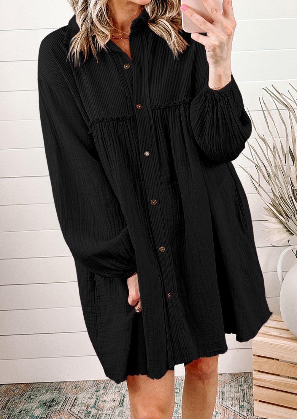 Black Crinkle Puff Sleeve Dress - Mercantile213