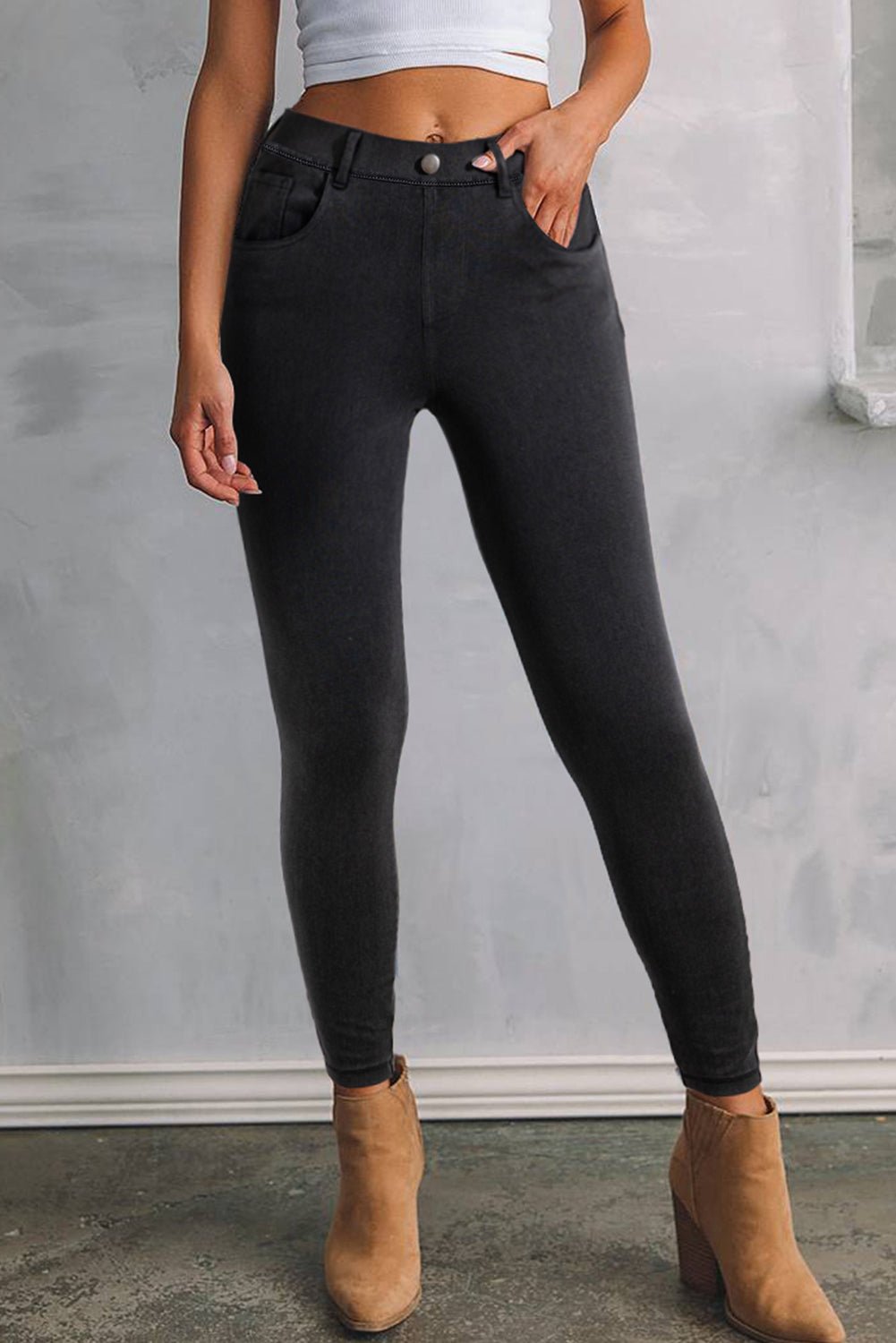 Black Denim Skinny Jeggings with Faux Button - Mercantile213