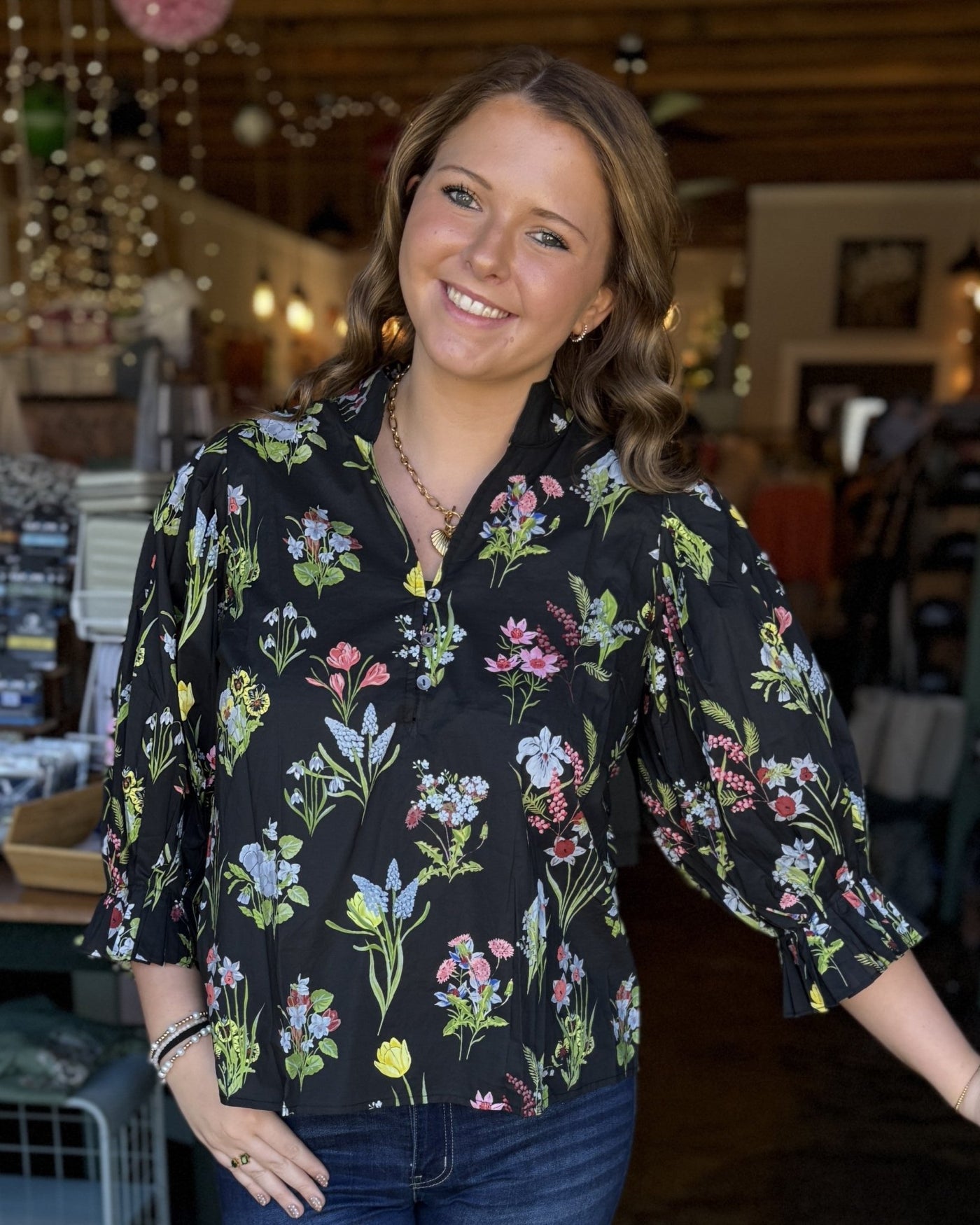 Black Floral 3/4 Sleeve Blouse - Mercantile213