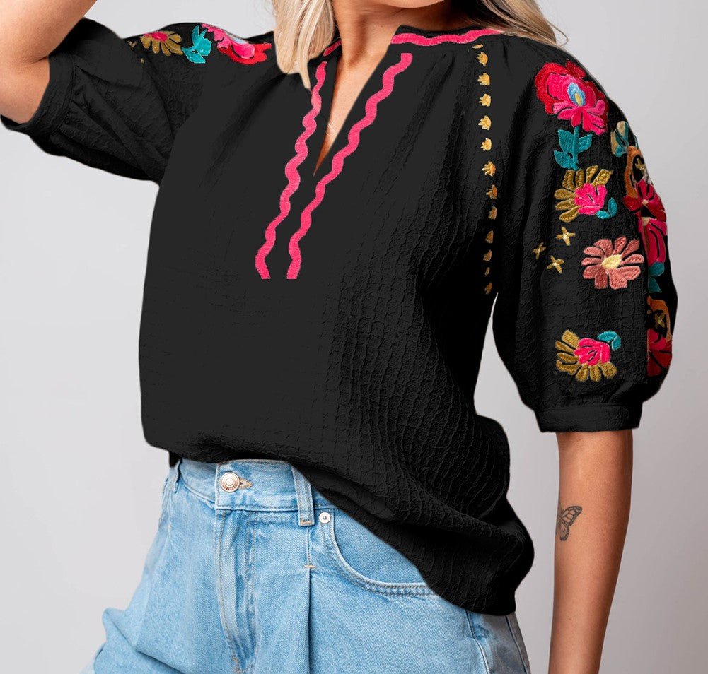 Black Floral Embroidered Ricrac Blouse - Mercantile213