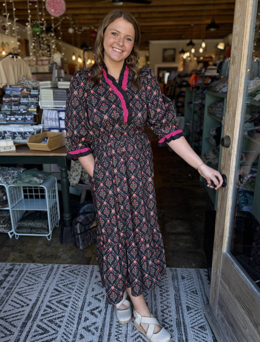 Black Floral Puff Sleeve Dress - Mercantile213