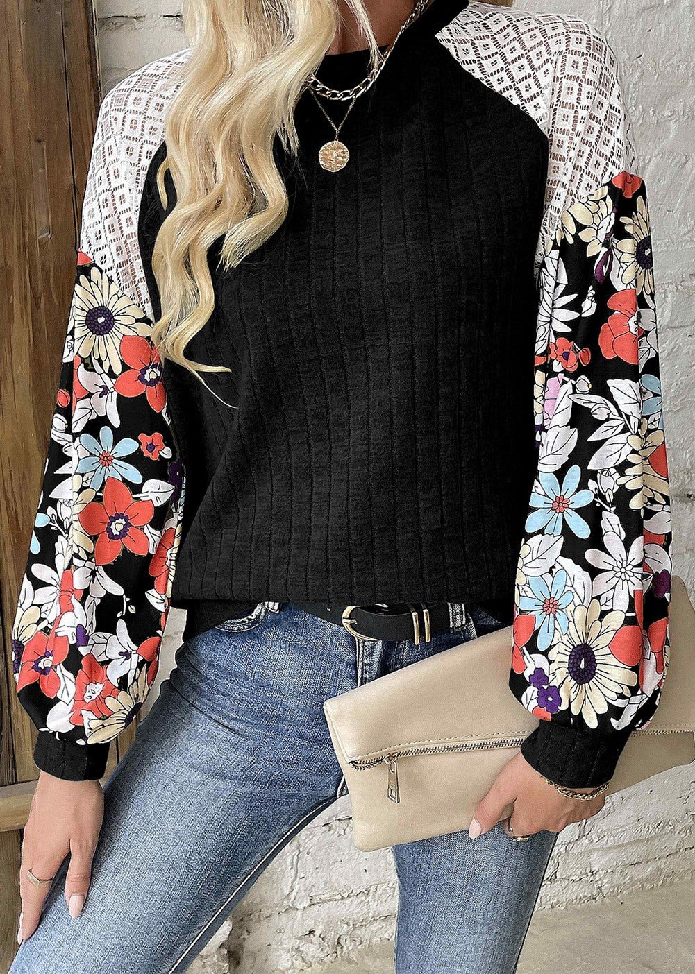 Black Floral Sleeve Ribbed Blouse - Mercantile213