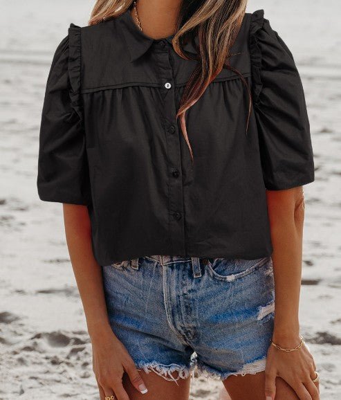 Black Frilly Collared Top - Mercantile213