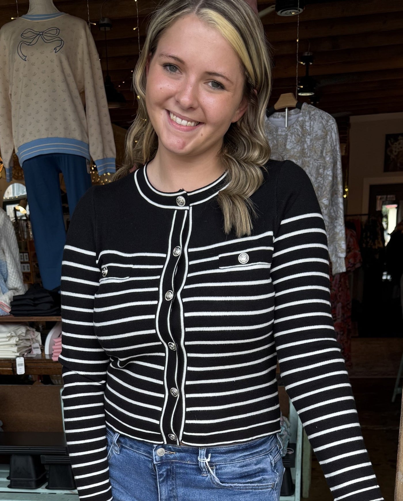 Black Stripe Button Down Cardigan - Mercantile213