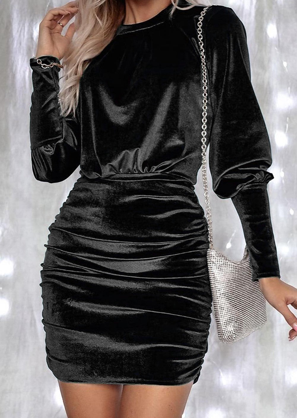 Black Velvet Ruched Bodycon Dress S