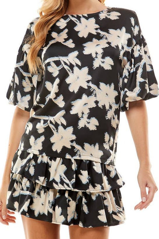 Black/Cream Floral Print Round Neckline Top - Mercantile213
