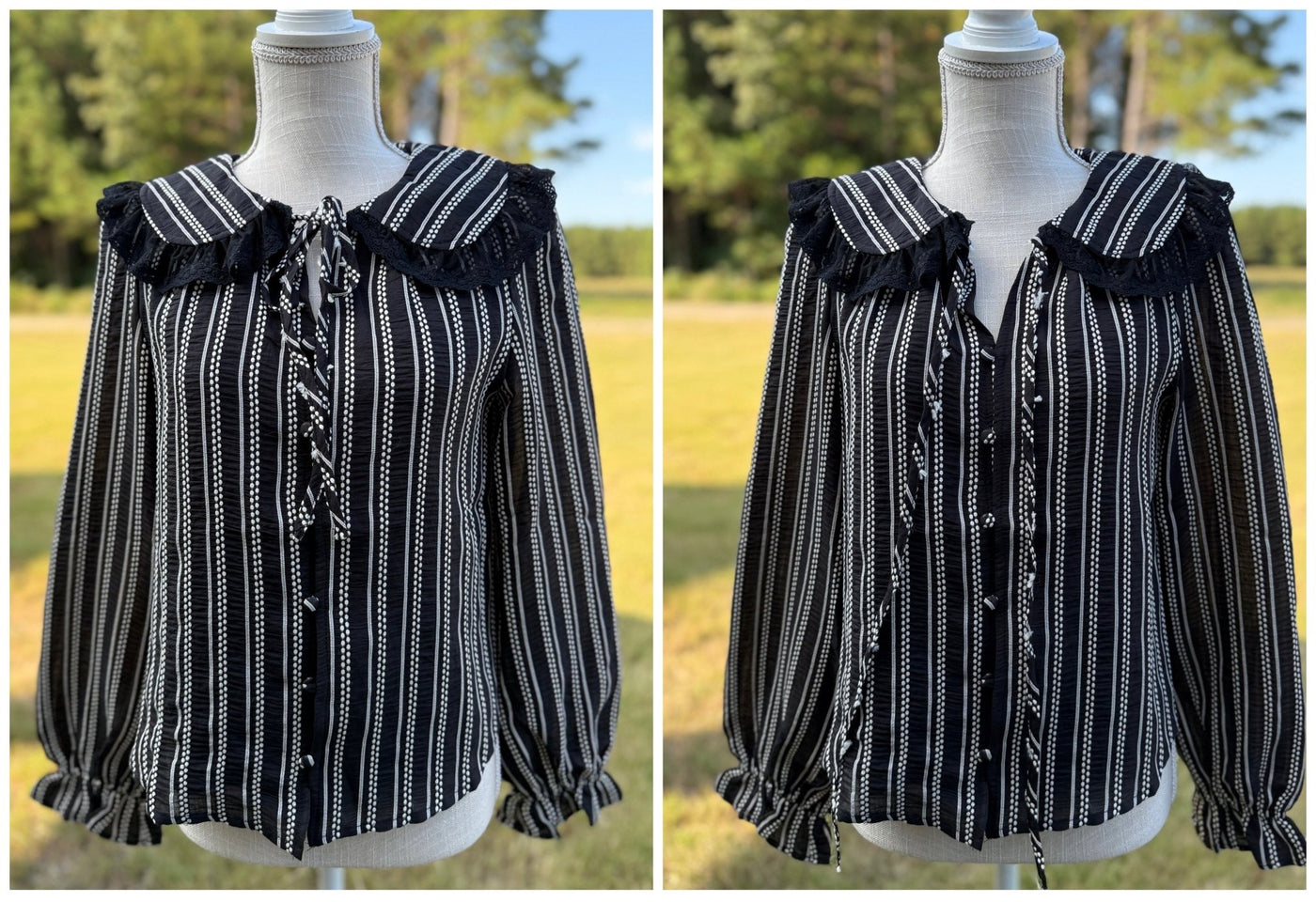 Black/White Stripe Laced Collar Blouse - Mercantile213