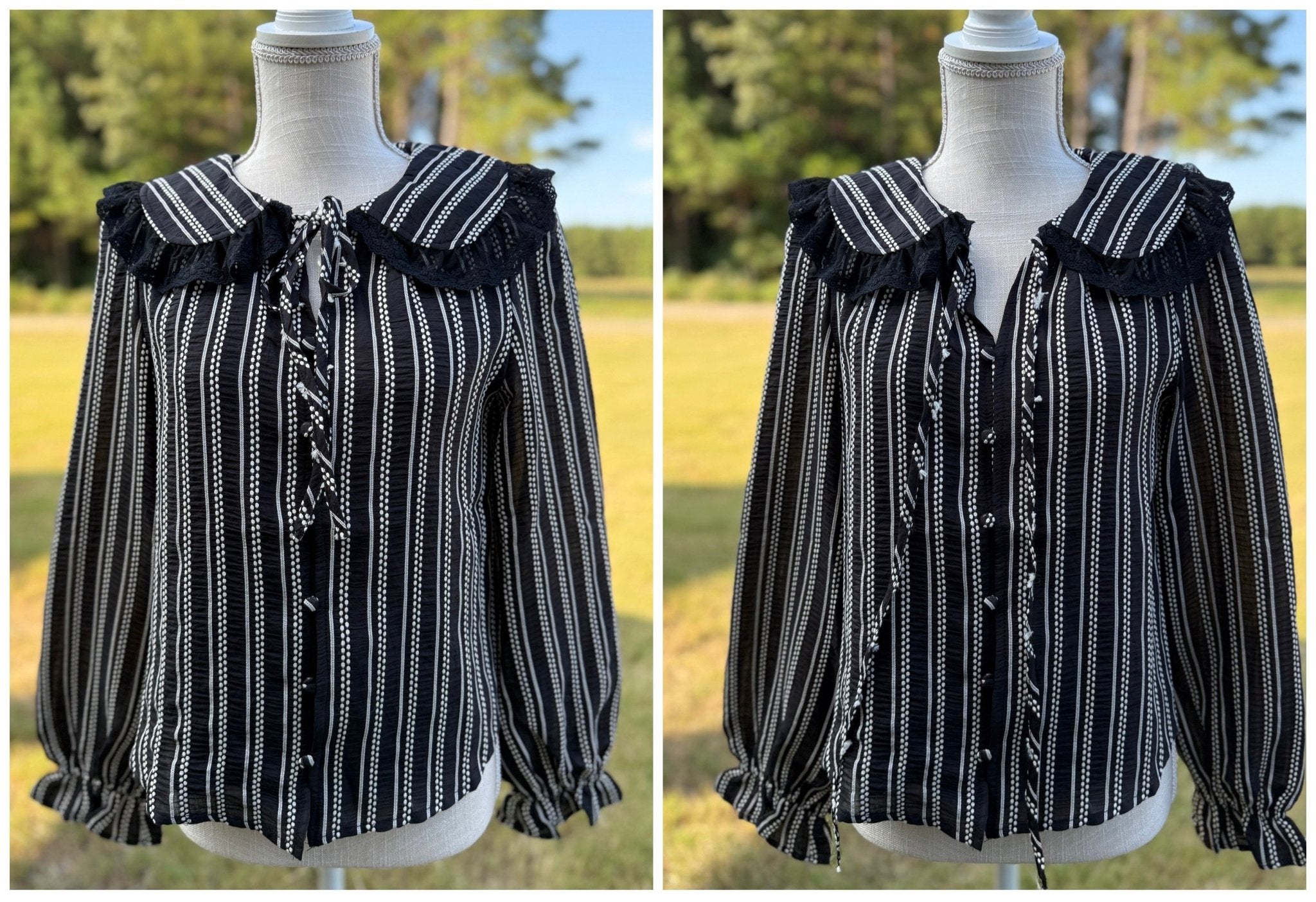 Black/White Stripe Laced Collar Blouse - Mercantile213