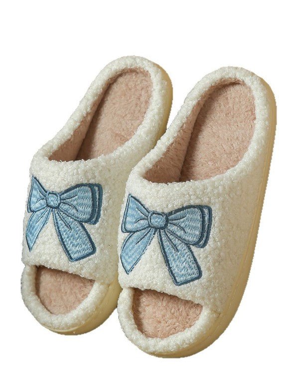 Blue Bow Open Toe Plush Slippers - Mercantile213