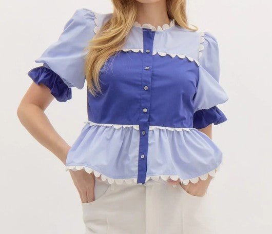 Blue Colorblock Blouse - Mercantile213