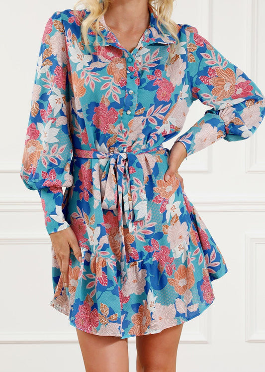 Blue Floral Lantern Sleeve Belted Dress - Mercantile213