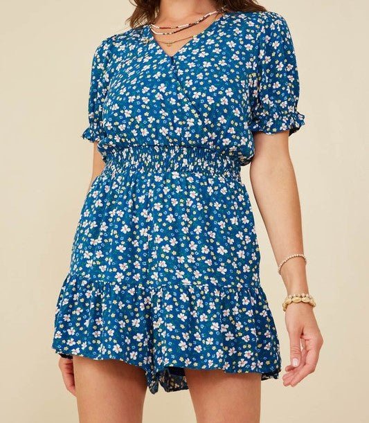 Blue Floral Smocked Waist Romper - Mercantile213