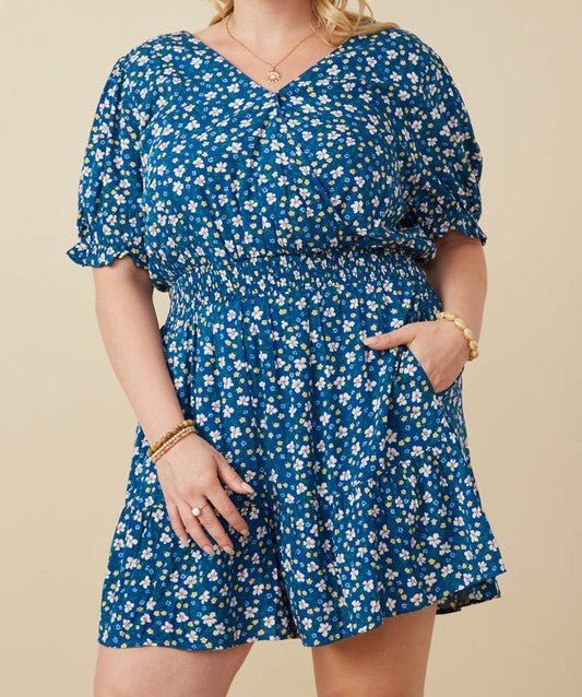 Blue Floral Smocked Waist Romper - Mercantile213