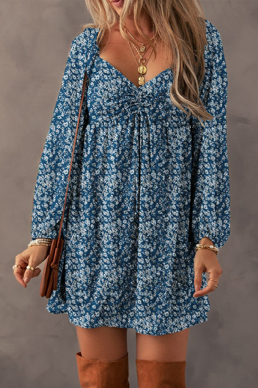 Blue Floral Sweetheart Neck Dress - Mercantile213