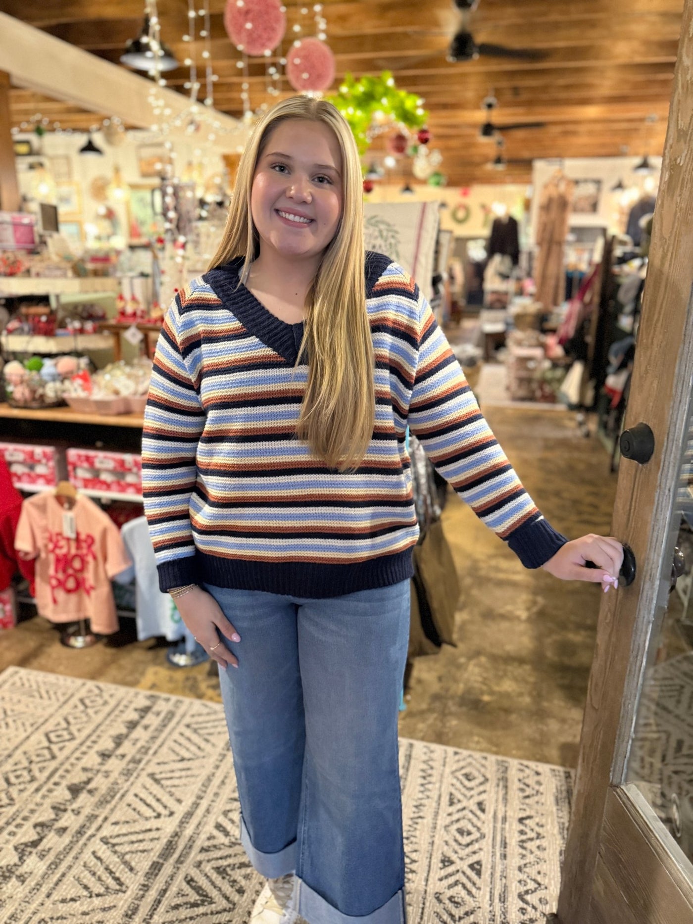 Blue Multicolor Stripe Knit V Neck Sweater - Mercantile213