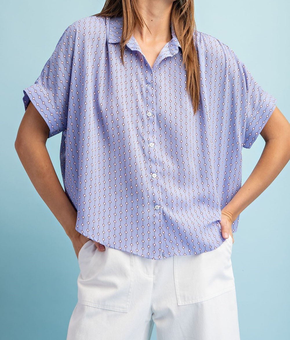 Blue Printed Button Down Blouse - Mercantile213