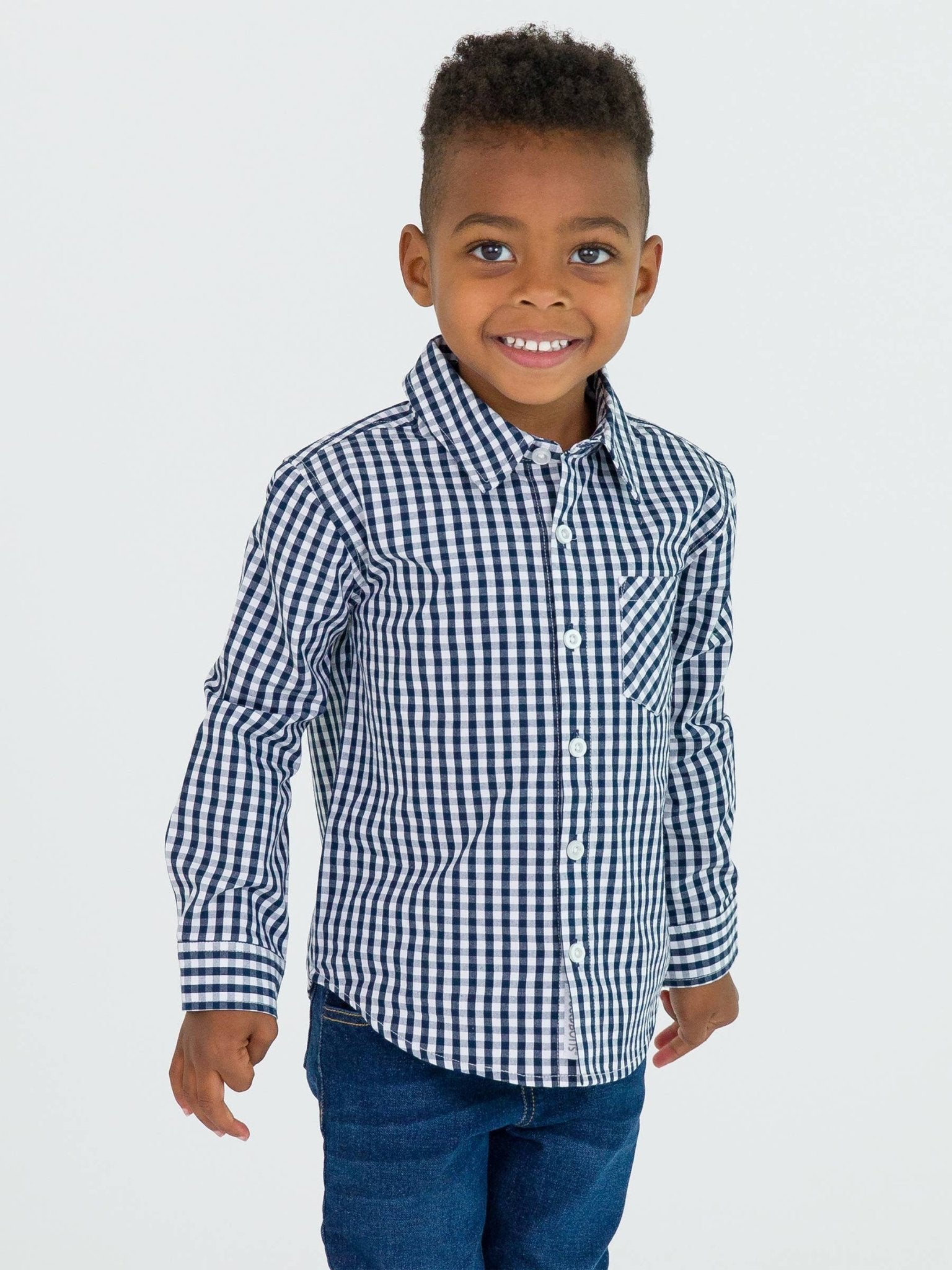 Boys Dark Navy Gingham Long Sleeve Button Down Shirt - Mercantile213