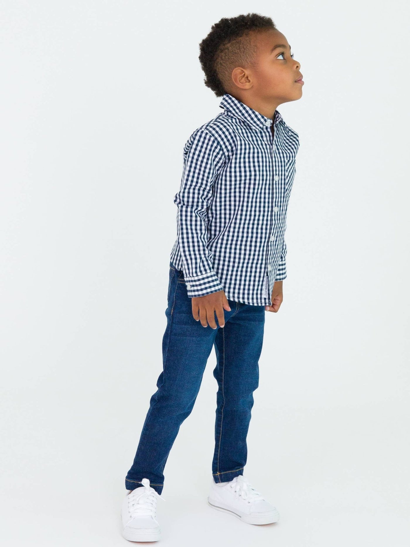 Boys Dark Navy Gingham Long Sleeve Button Down Shirt - Mercantile213