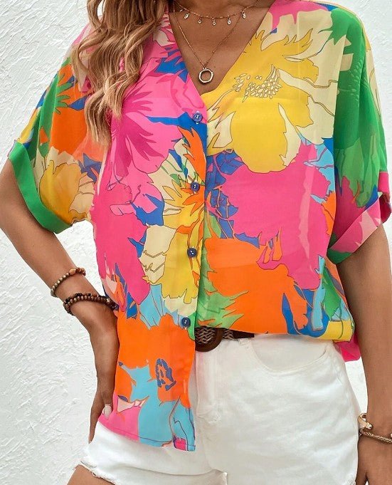 Bright Floral Print Button Top - Mercantile213