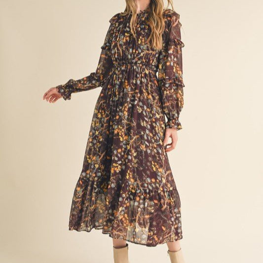 Brown Floral Ruffle Maxi - Mercantile213