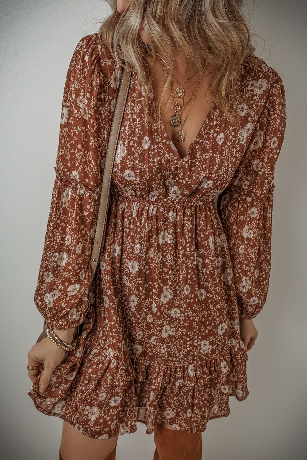 Brown Floral Sweetheart Neck Dress - Mercantile213