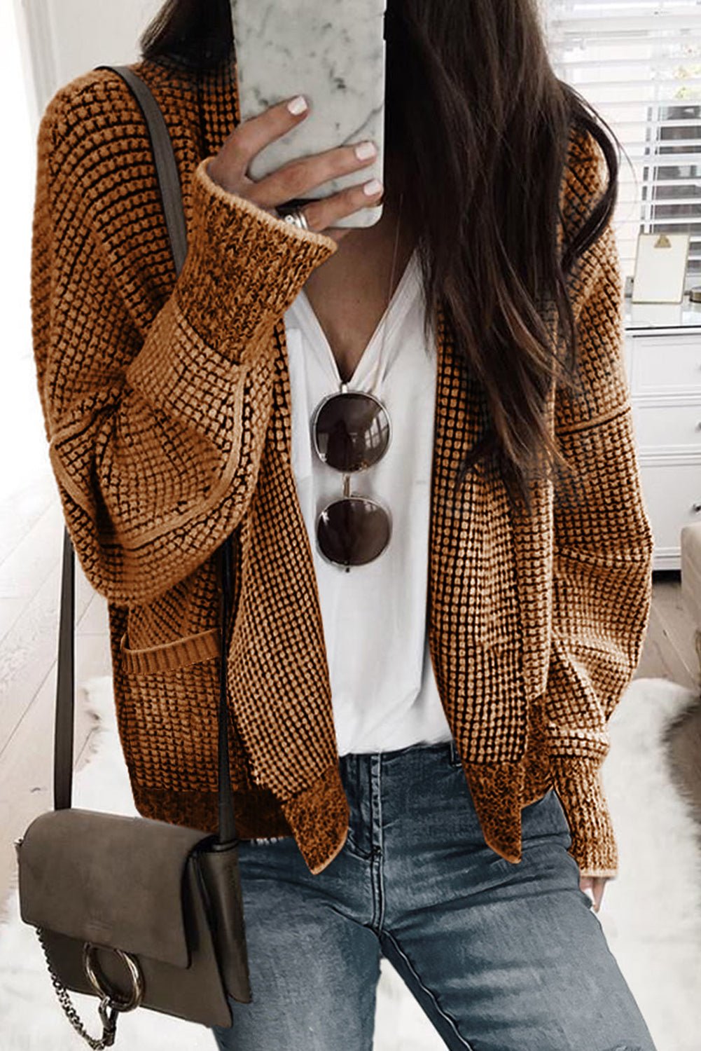 Brown Waffle Knit Cardigan - Mercantile213