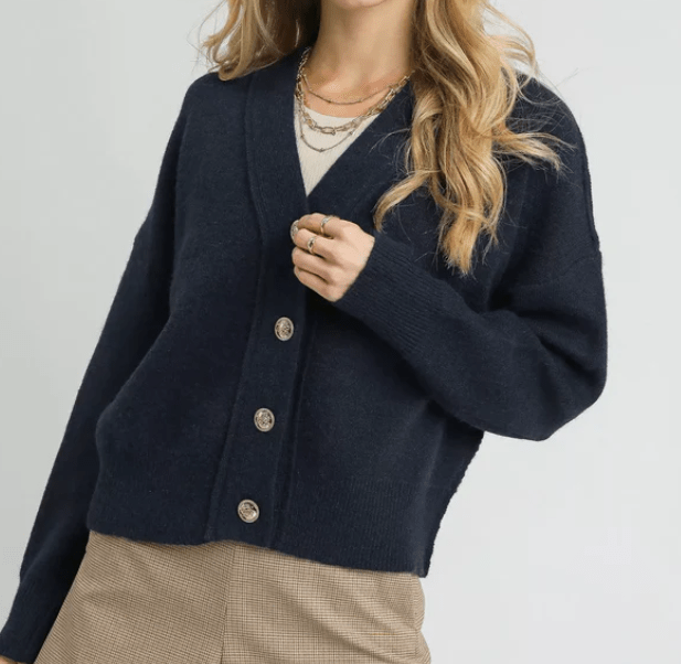 Button Front Cardigan w/Gold Buttons - Navy - Mercantile213