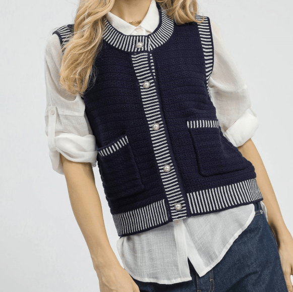 Button Front Sweater Vest - Navy - Mercantile213