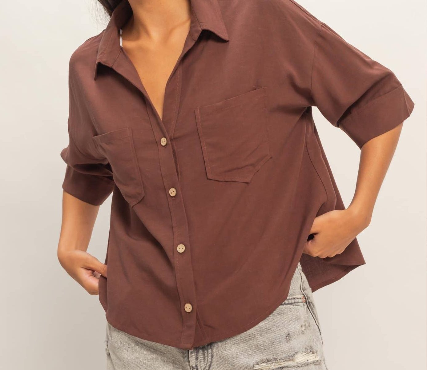 Button - Up Collared SS Shirt - Brown - Mercantile213