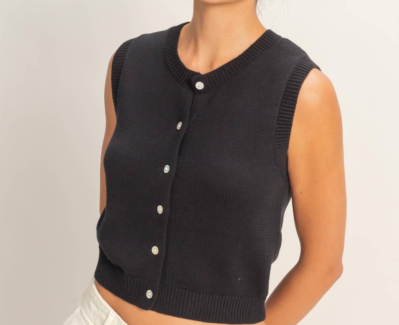 Button Up Sleeveless Cardigan - Black - Mercantile213
