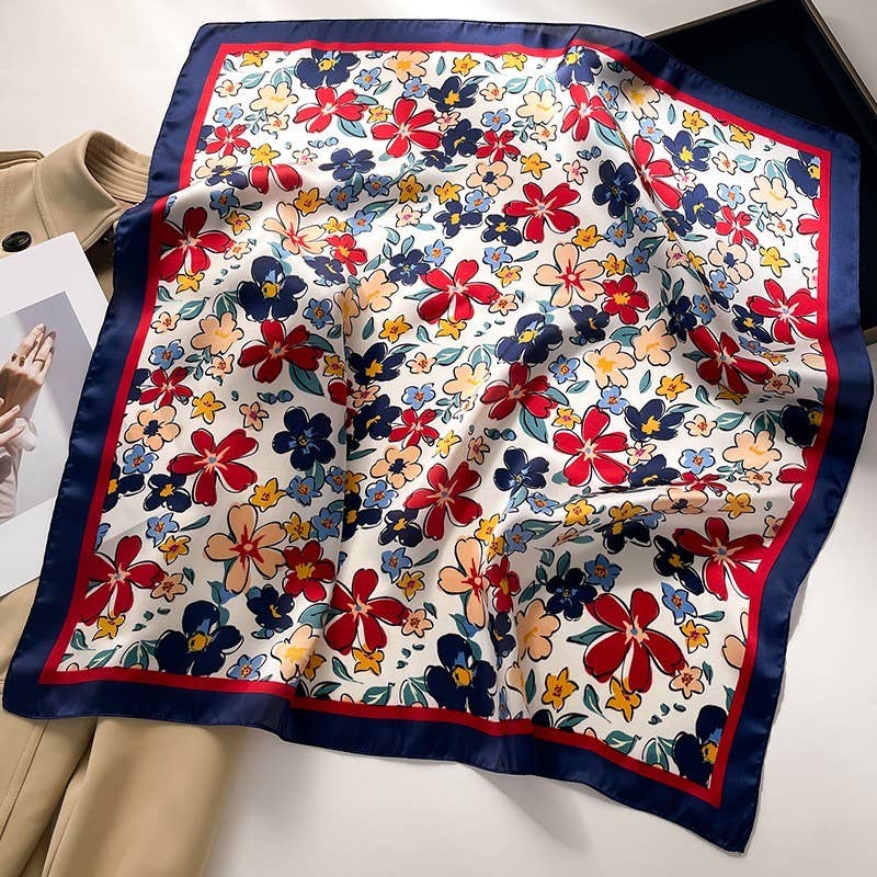 Silk Bandana Scarf- Navy Floral