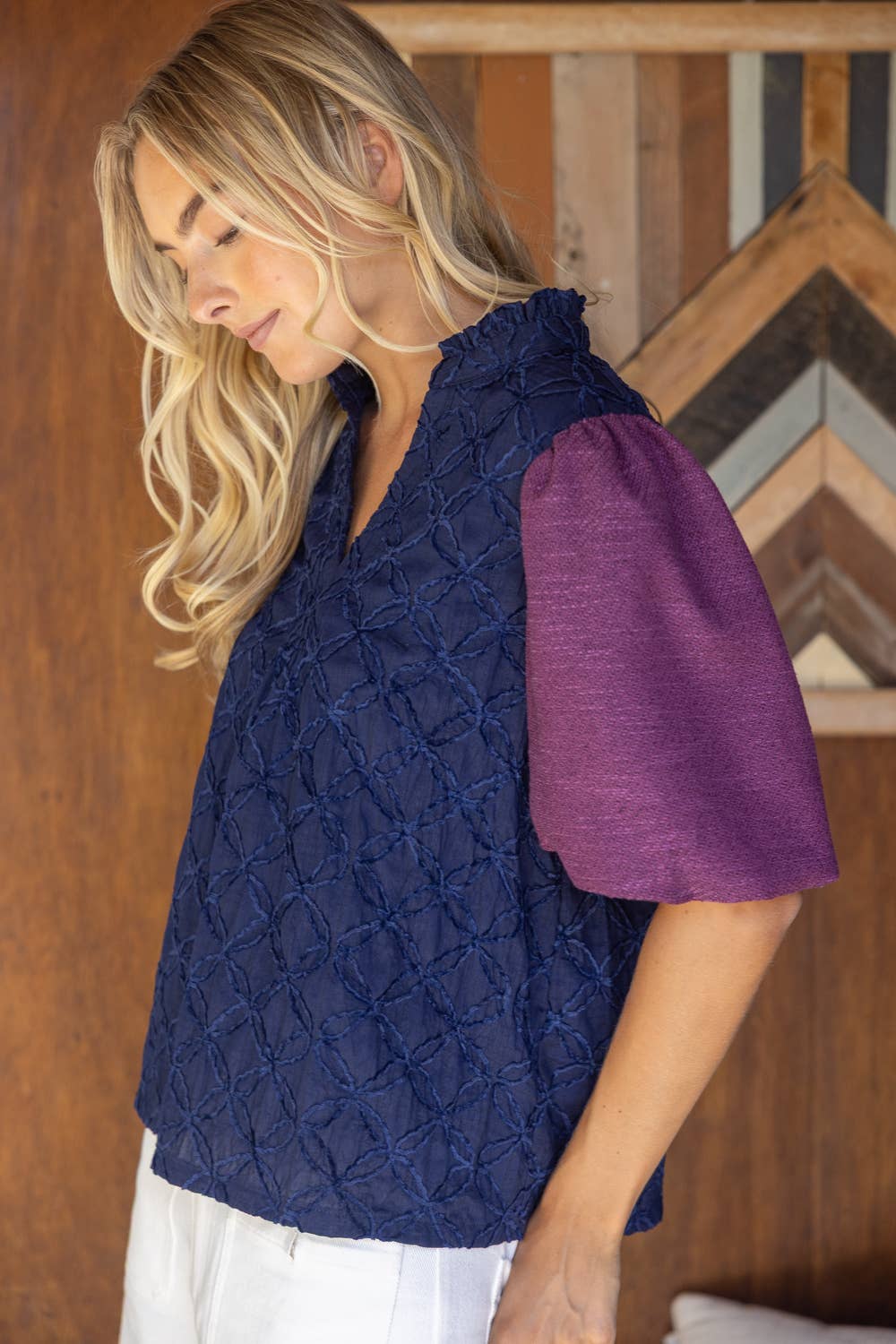 Navy Bubble Sleeve Blouse