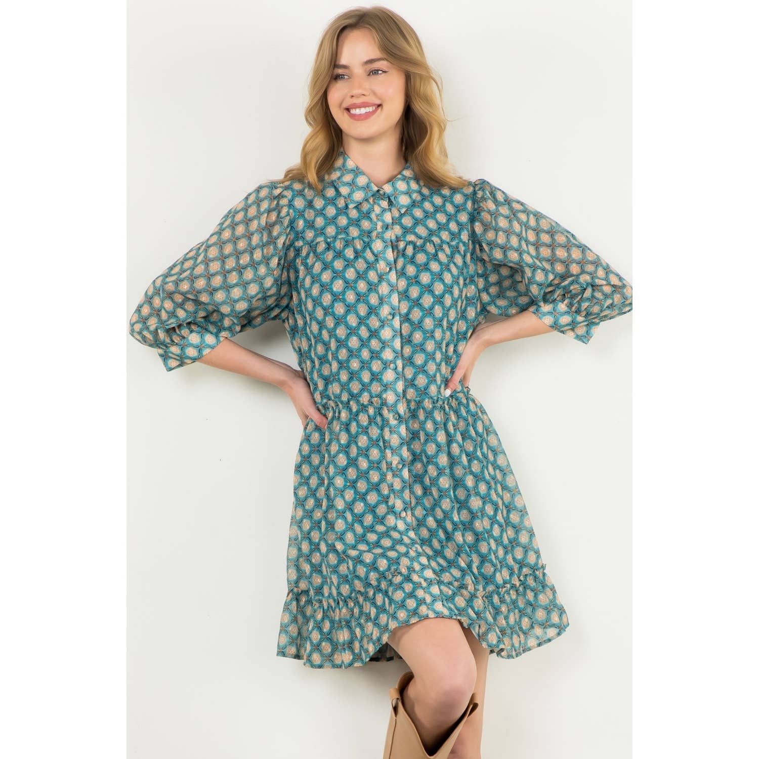 Teal Sheer Printed Ruffle Hem Button Dress