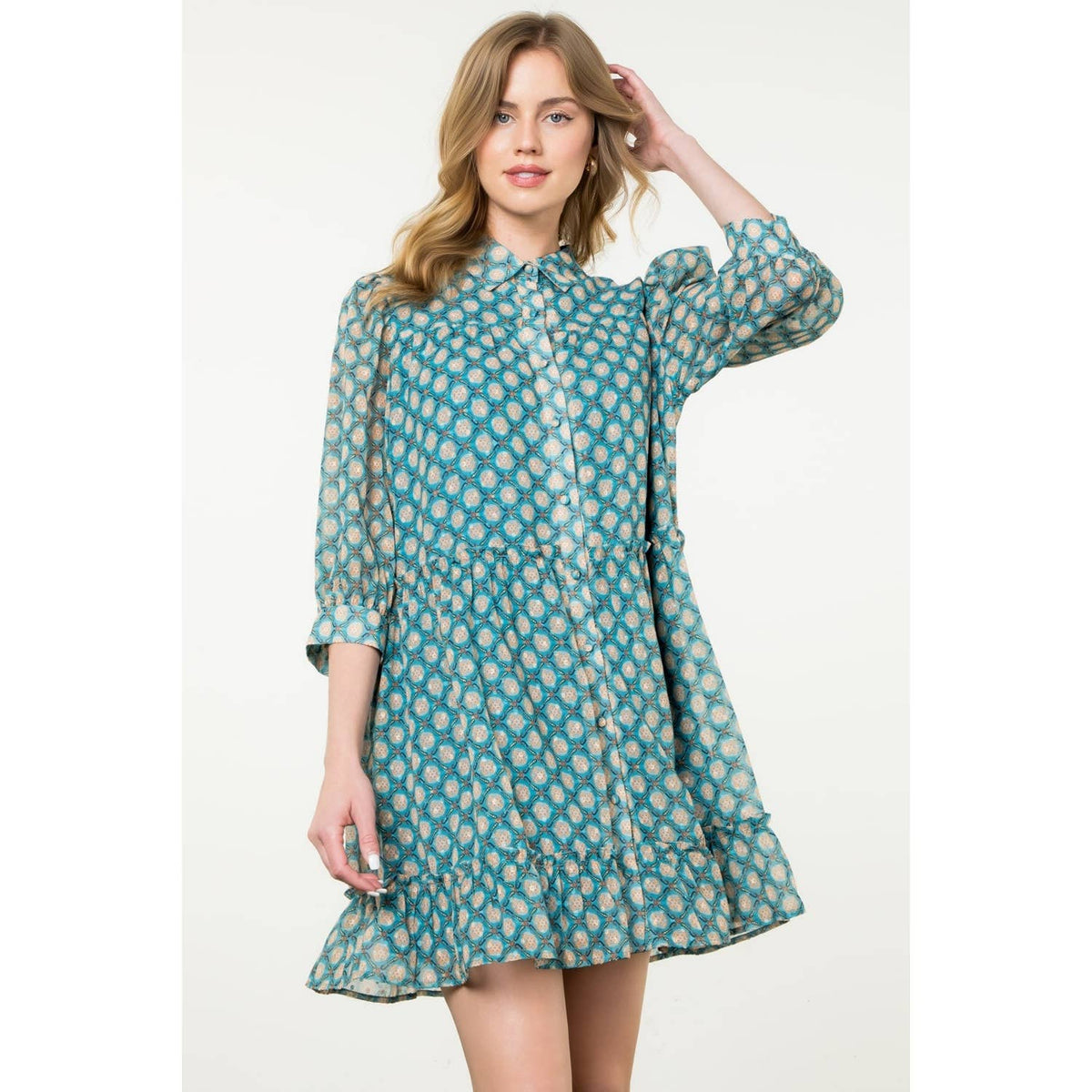 Teal Sheer Printed Ruffle Hem Button Dress