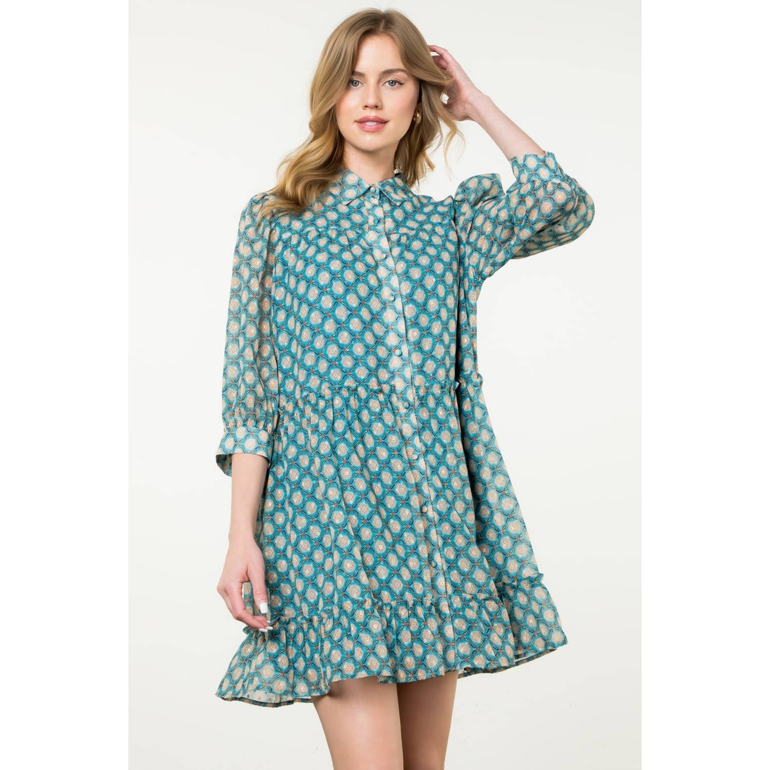 Teal Sheer Printed Ruffle Hem Button Dress
