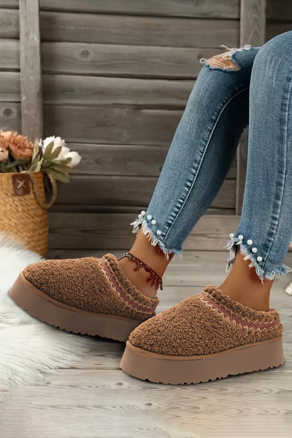 Chestnut Embroidered Sherpa Plush Slip Ons - Mercantile213