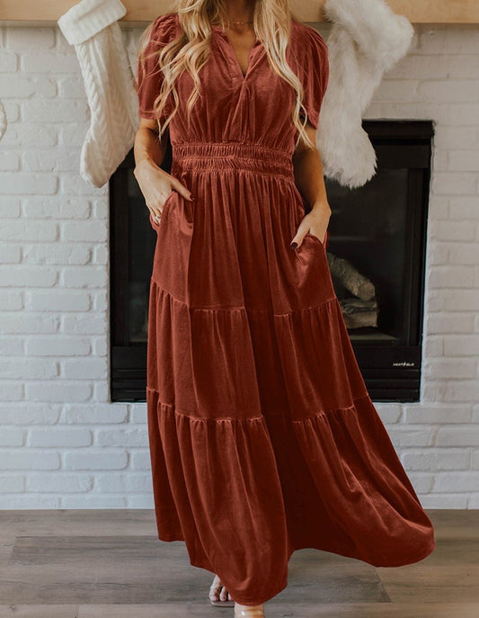 Chestnut Velvet SS Maxi Dress - Mercantile213