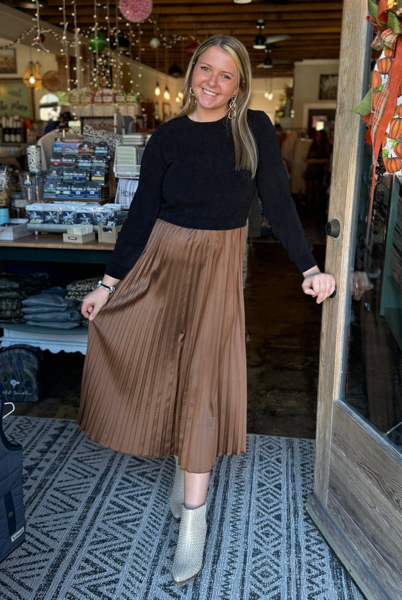Coffee Brown Faux 2pc Sweater/Pleated Skirt Dress - Mercantile213