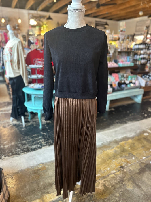 Coffee Brown Faux 2pc Sweater/Pleated Skirt Dress - Mercantile213