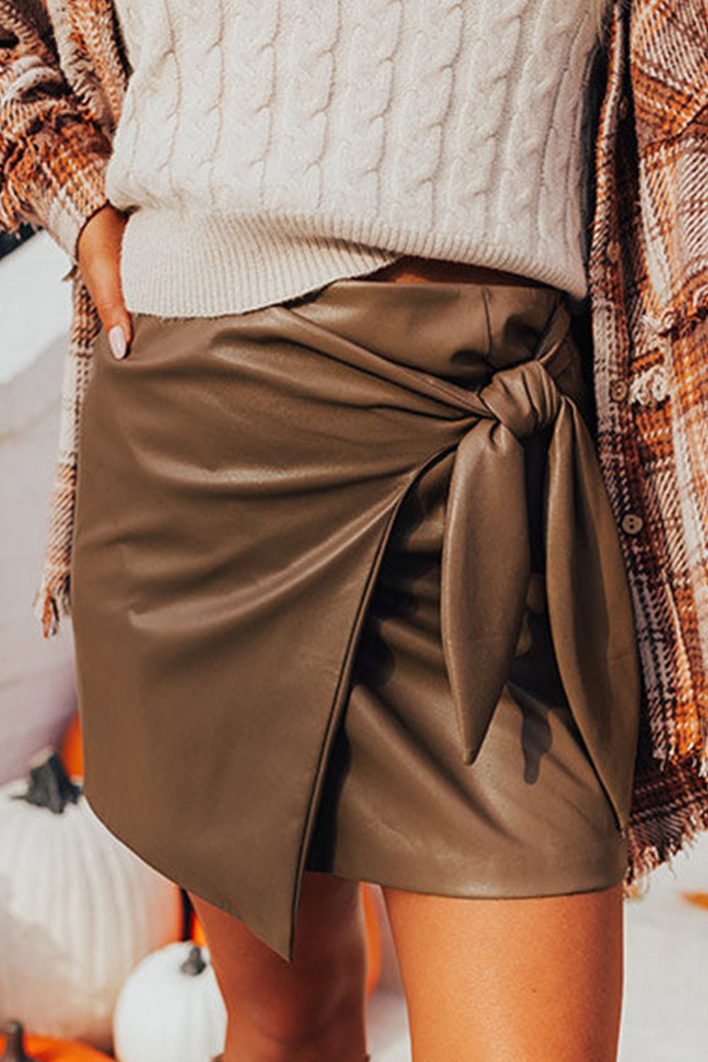 Coffee Faux Leather Bowknot Skirt - Mercantile213