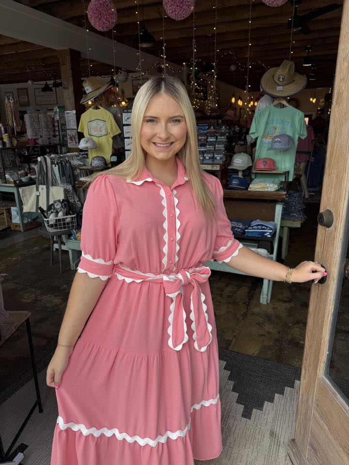 Collared Button Down RicRac Dress - Peach - Mercantile213