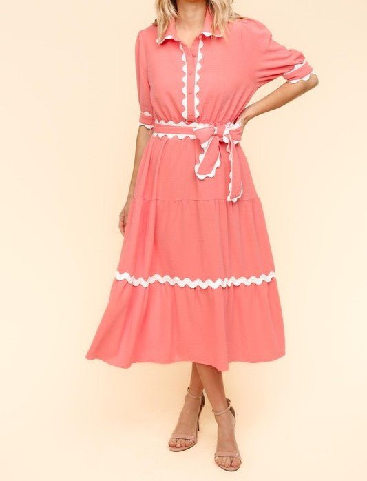 Collared Button Down RicRac Dress - Peach - Mercantile213