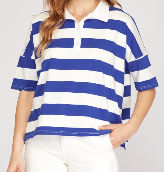 Collared Striped Knit Top- Royal Blue - Mercantile213