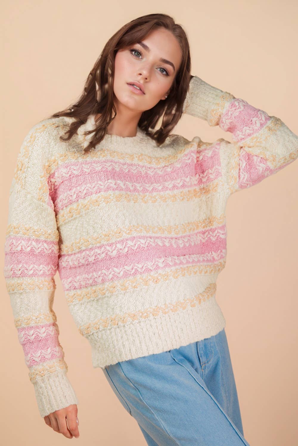 Color Block Fuzzy Knit Sweater Top: PINK MIX - Mercantile213